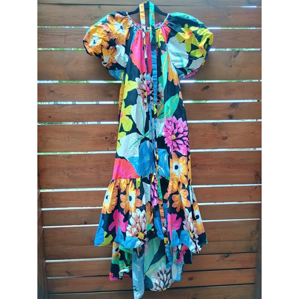 CHRISTOPHER JOHN ROGERS Dress Sz S Black Floral Puff Sleeve High Low Cotton